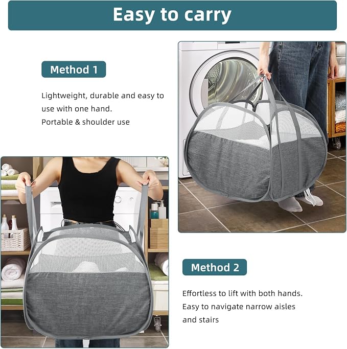 2 Pack Collapsible Laundry Baskets, 90L Large Foldable Laundry Basket, Pop Up Hampers for Laundry, Dirty Clothes Laundry Hamper for Bedroom, Bathroom, Dorm, Laundry Room, Travel or Camping Grey