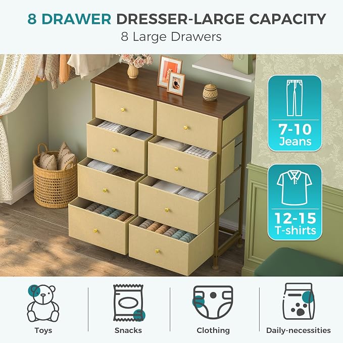 OLIXIS 8 Drawer Storage Dresser for Bedroom, Closet Organizers Units, Khaki | Fabric Dresser with Wooden Top, Chest of Drawers Clothes Storage, Tower Cabinet, TV Stand Furniture