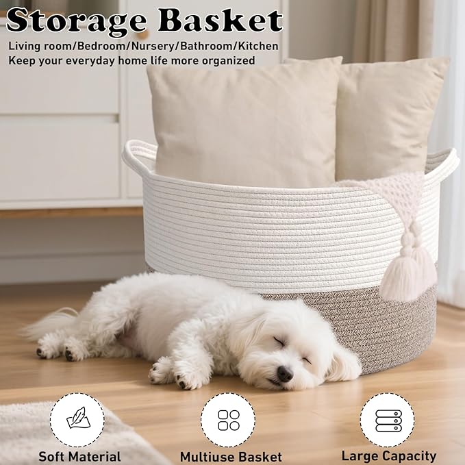 90L Extra Large Blanket Basket,Rope Woven Storage Basket with Handles, Laundry Hamper for Toys, Clothes, Pillows & Towels, Perfect for Living Room, Nursery & Bedroom, White & Brown