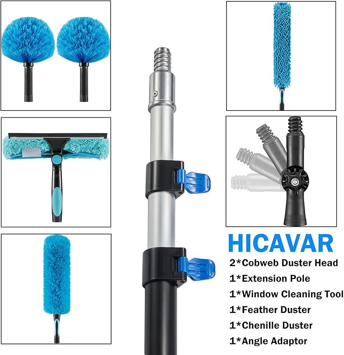 25 Foot High Ceiling Fan, Cobweb Duster with 6-18ft Extension Pole | Extendable, Reusable Feather, Window Cleaning Squeegee Kit