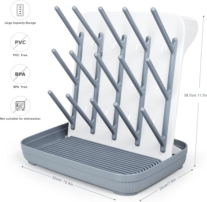 Termichy Baby Bottle Drying Rack：Large Vertical Space Saver for Countertop | With 15 Hooks - Quick-Dry Holder for Nipples, Teethers & Breast Pump Parts -Newborn Essentials Must-Haves Grey