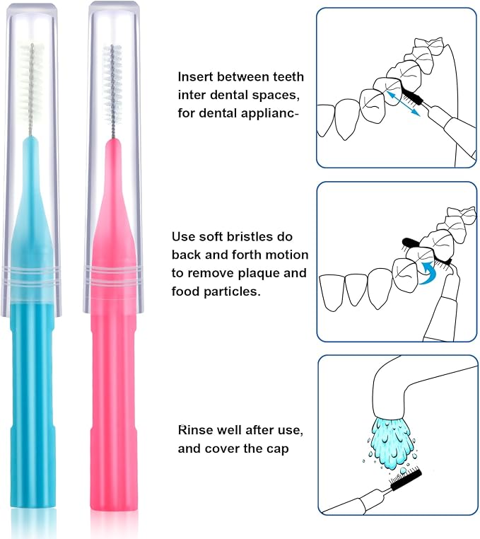 Patelai 100 Count Interdental Brush Set, Soft Braces Cleaner Picks with Cap, Multi Size Teeth Gap Cleaning Tool for Orthodontic Care Bridge Implant Travel Kit(Light Blue,Pink)