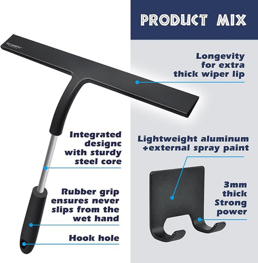12 Inch Silicone Shower Squeegee for Glass Doors with Microfiber Cloth & Hook, Streak-Free Window Cleaner for Bathroom Mirror Tile Car, No-Scratch Squeegee with Rustproof Metal Core (Black)