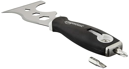 Amazon Basics 14-IN-1 Soft Grip Painters Tool with Hammer End, Paint Scraper, Nail Puller, Roller Cleaner, 3", Black