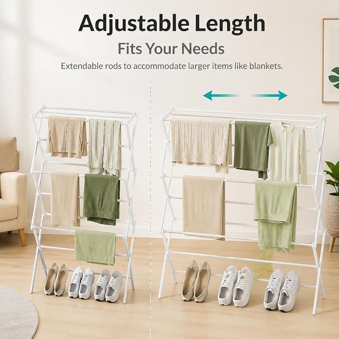 Drying Racks 3 Tier Expandable Clothes Airer Collapsible Clothes Drying Rack, Space-Saving Laundry, Hanging Clothes Indoors & Outdoors, Lightweight, Compact, Folds Away for Convenient Storage,White