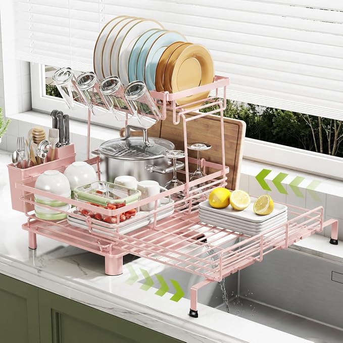 2-Tier Expandable Dish Drying Rack, Kitchen Counter Pink | Large Capacity Kitchen Organization, Heavy-Duty Carbon Steel, Swivel Drain Spout, Cup Hooks & Utensil Holder