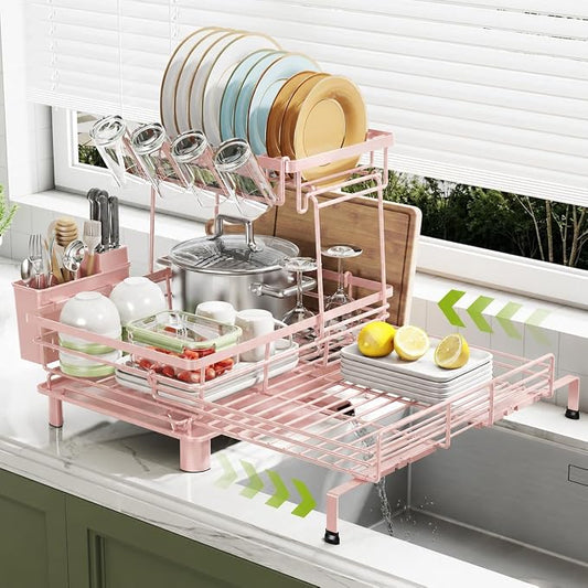 2-Tier Expandable Dish Drying Rack, Kitchen Counter Pink | Large Capacity Kitchen Organization, Heavy-Duty Carbon Steel, Swivel Drain Spout, Cup Hooks & Utensil Holder