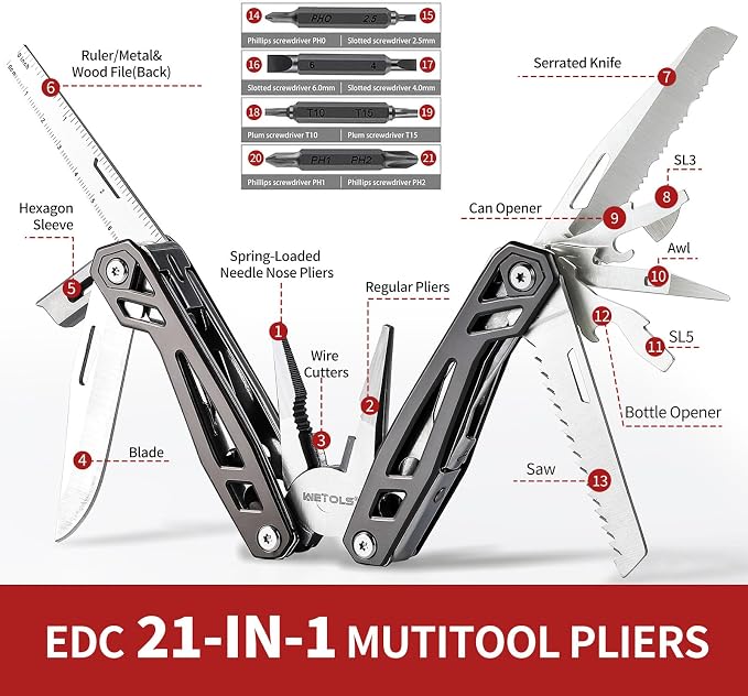 Father‘s Day Gifts for Men Dad Him, 21-in-1 Multitools with Pocket Knife | Stainless Steel Self-locking Pliers with 8 Screwdriver Bits, Multi Tool Survival Gear, EDC Knife with Pouch for Outdoor