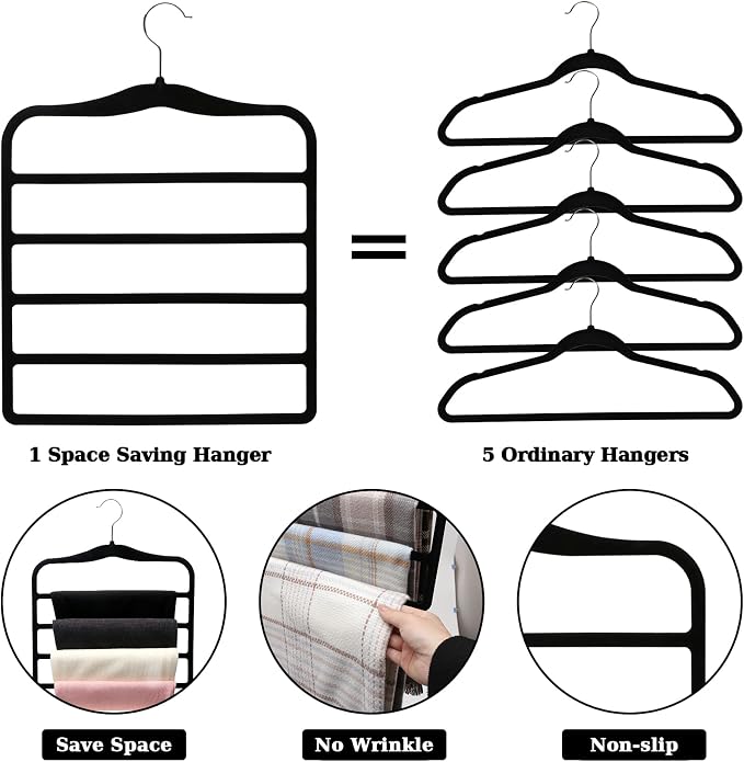 Closet Organizers and Storage, 3 Pack Velvet Pants-Hangers-Space-Saving | Non Silp 5 Tier Scarf Jeans Closet Organizer, Dorm Room Essentials for College Students Girls Boys Guys, Home Storage