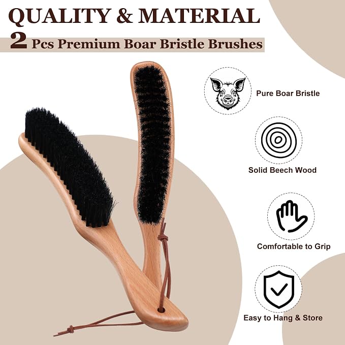 2 Pcs Lint Brushes for Clothes with Boar Bristle Beech Wood Handle Natural Reusable Garment Brush Lint Remover for Hat Wool Coats Suits Hat Suede Pet Hair Denim Corduroy Heavy Fabrics