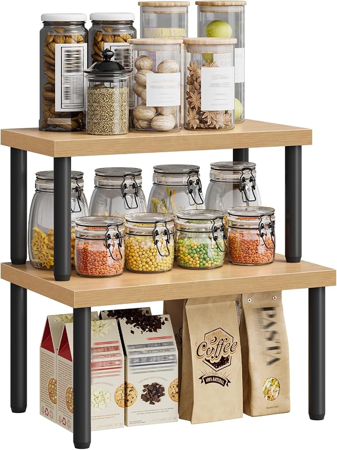 HOOBRO Cabinet Organizer Shelf, kitchen countertop organizer, Kitchen Storage, Spice Rack for cabinet, Stackable, Expandable, for Countertop,kitchen,cabinet, Black and Natural BN15TL01