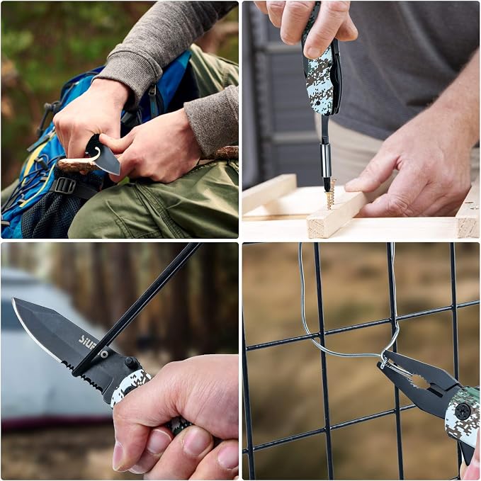 SIUPRO Multitool Pocket Knife Set for Men, Camo | Multipurpose 9-in-1 screwdriver kit, Multi Tool Pliers for Camping, Survival with Nylon Sheath, Gifts Idea