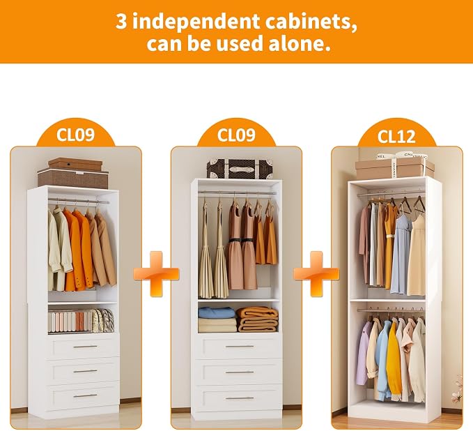 Closet System with with 6 Drawers, 6FT-15FT Closet Organizer Storage Systems with 7 Hanging Rods, Walk-in Closet Corner Closet System Modular Closet System White 3 Sets (6FT)