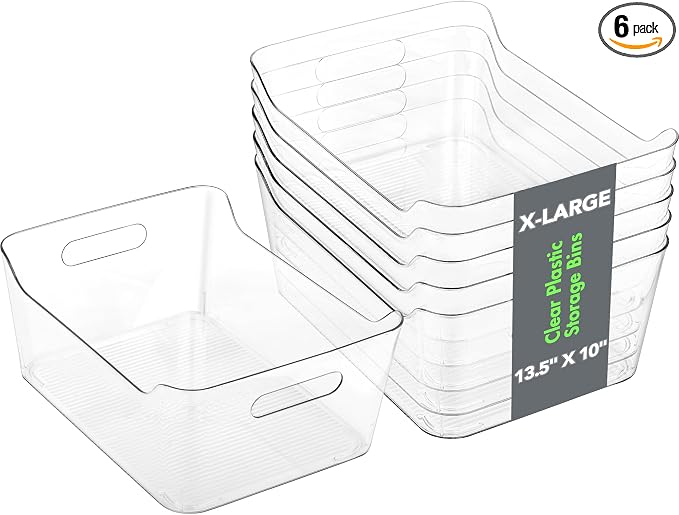 Tiawudi 6 Pack Plastic Storage Bins, Extra Large Pantry Organizer, 13.5" x 10" Clear Storage Containers and Organizer Bins, Multi-Use Bins for Home, Kitchen, Closet and Cabinet