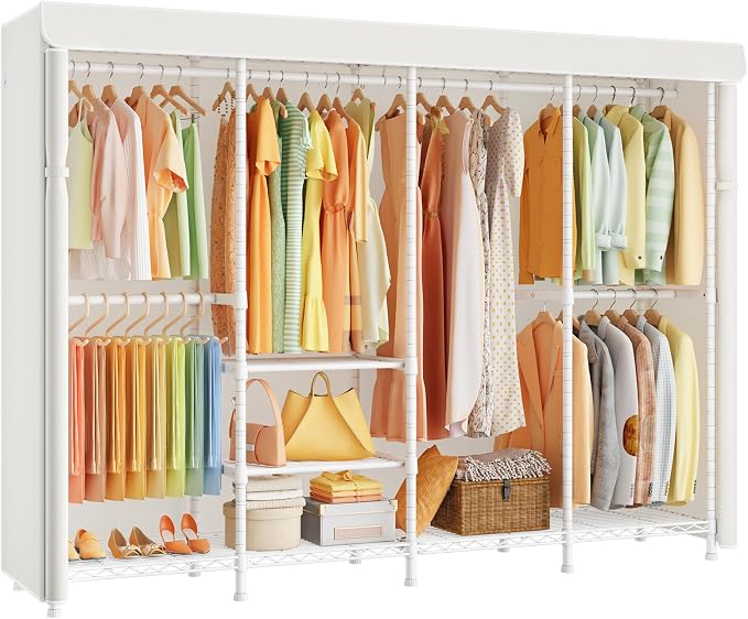 ULIFHOME Clothes Rack with Cover, Large Clothing Racks for Hanging Clothes | H41C Heavy Duty Garment Rack, Adjustable Shelves and Rods, Max Load 1150 Lbs, White Portable Closet Rack with White Cover