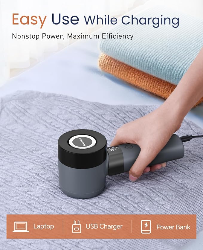 BEAUTURAL Fabric Shaver and Lint Remover, Rechargeable Sweater Defuzzer | LED Display, 3-Speed Settings, 6 Leaf Blades, Portable Pilling Remover for Clothes, Furniture, Blankets