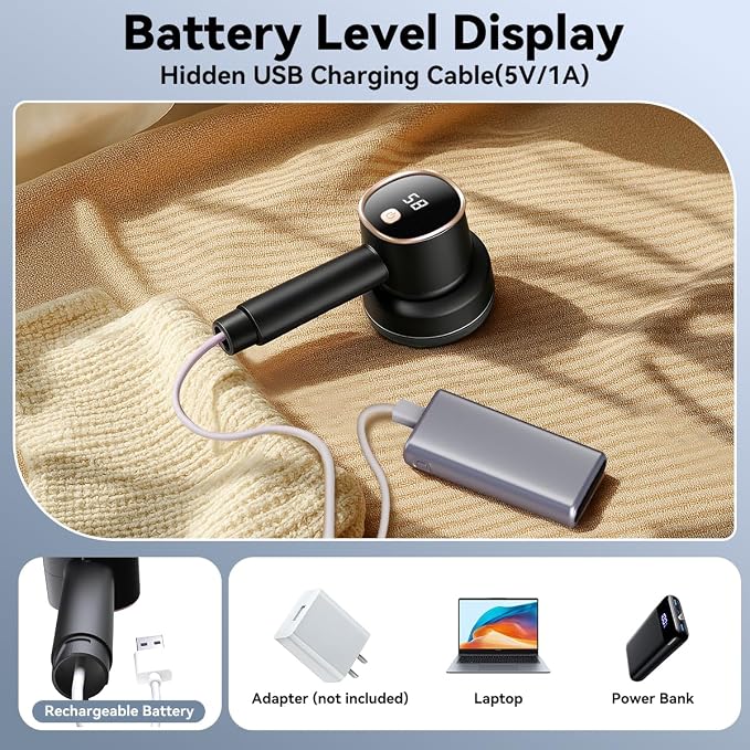 Rechargeable Fabric Shaver for Clothes: 6-Leaf Blades & 3 Speeds to Remove Pilling, Fuzz & Lint Balls - with LED Display, Portable Electric Lint Remover for Sweater, Couch, Blanket, Furniture