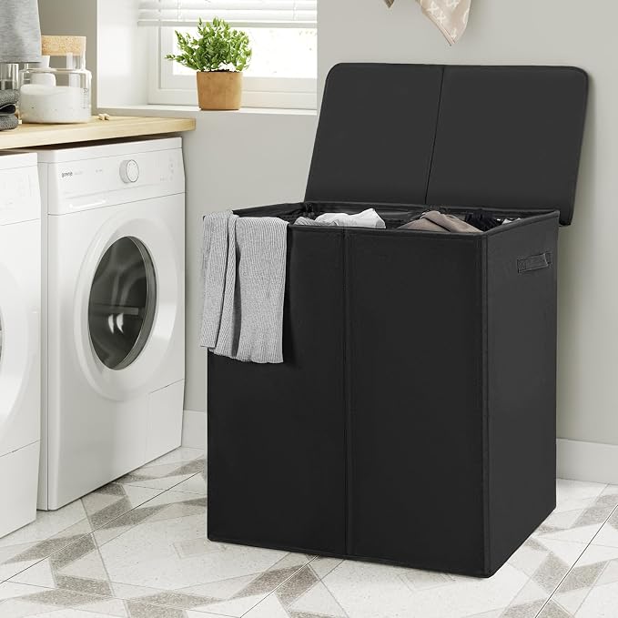 WOWLIVE 180L Double Laundry Hamper 2 Section with Lid and Removable Bags | Divided Laundry Basket, Large Dirty Clothes Hamper with Handle, Collapsible Laundry Storage for Dorm Room, College, Black