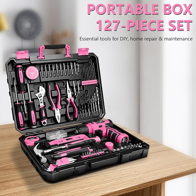 JENABOM 127-Piece Home Tool Set with 8V Pink Cordless Drill | With Portable Toolbox, Hand Tools for Home Repair, DIY Projects & Daily Use, Gift for Women & Men
