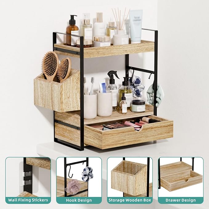 Kottwca 2-Tier Bathroom Counter Organizer with Drawer, Basket & Hooks, Wooden Vanity Shelf for Skincare, Perfume & Makeup Storage(Light Brown)