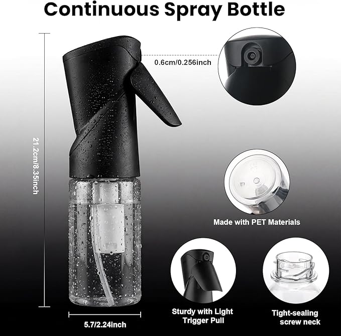 1 Pack 8.5oz Continuous Spray Bottle for Hair Styling & Plants - Fine Mist Sprayer Refillable Empty Water Dispenser for Cleaning, Ironing, Watercolor & Pet Care - Black