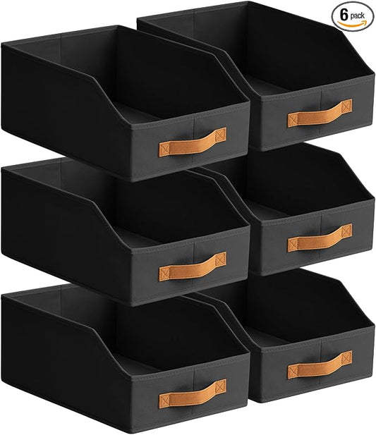 Homsorout Fabric Storage Bins for Organizing - 6 Pack Large Trapezoid Collapsible Storage Bins with Front Handle, Closet Organizers and Storage for Bedroom, Home Shelves, Small Spaces, Black