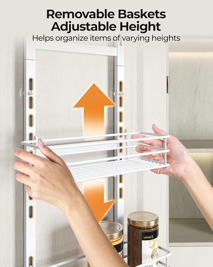 5-Tier Narrow Pantry Door Organizer,Over the Door Pantry Organizer,White | Height Adjustable Heavy Duty Hanging Metal Basket,Back of Door Organizers and Storage for Home,Kitchen,Laundry,Bathroom