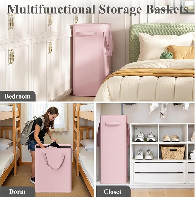 Optish 90L Pink Slim Laundry Hamper, Large Laundry Basket with Handles, Baby Hamper for Nursery, Dorm, Bedroom, Living Room, Collapsible Laundry Basket