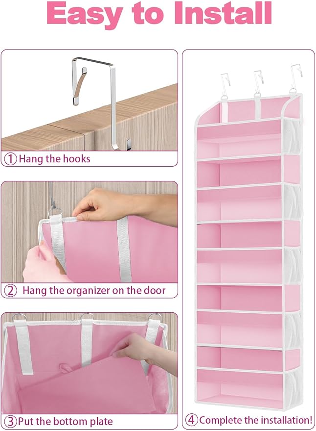 TAHAVICE Over the Door Organizer with Clear PVC Windows & 10 Mesh Pockets | 5-Tier Hanging Storage, Cute Closet Organizer for Makeup, Perfume, Toys, Perfect Pink Room Decor for Girl