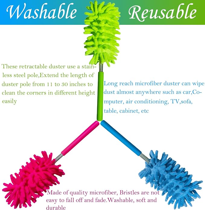 M-Jump 3 Pack Retractable Long-Reach Washable Duster for Cleaning, Microfiber Hand Duster Brush with Telescoping Pole for Cleaning Car, Window, Furniture, Office