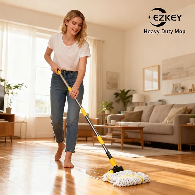 Heavy Duty String Wet Mop for Floor Cleaning, Commercial Industrial Cotton Mops with Stainless Steel Long Handle for Home, Kitchen, Bathroom, Garage
