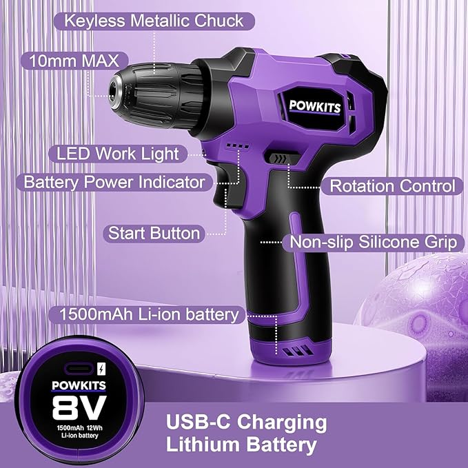 8V Cordless Drill, Purple Power Drill with Drill & Screw Bits Set, 3/8" Keyless Chuck, Rechargeable Electric Drill Tool Kit for Home Repairs, DIY Hand Tool,139PCS Tool Set for Women & Men