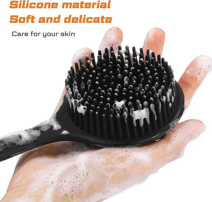 Sunnyray 2 Pack Silicone Back Scrubber for Shower with 15" Long Handle Double-Sided Bath Body Brush for Exfoliating Easy to Clean Quick Dry Deep Cleaning Lathers Well(Black)
