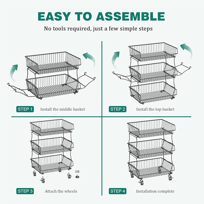 Giwil 3-Tier Rolling Pantry Organizers Fruit Vegetable Storage Basket Cart | 23.62"H under pantry shelf, metal frame, extra standing feet, kitchen produce wire basket for snack fruit onion potato, black