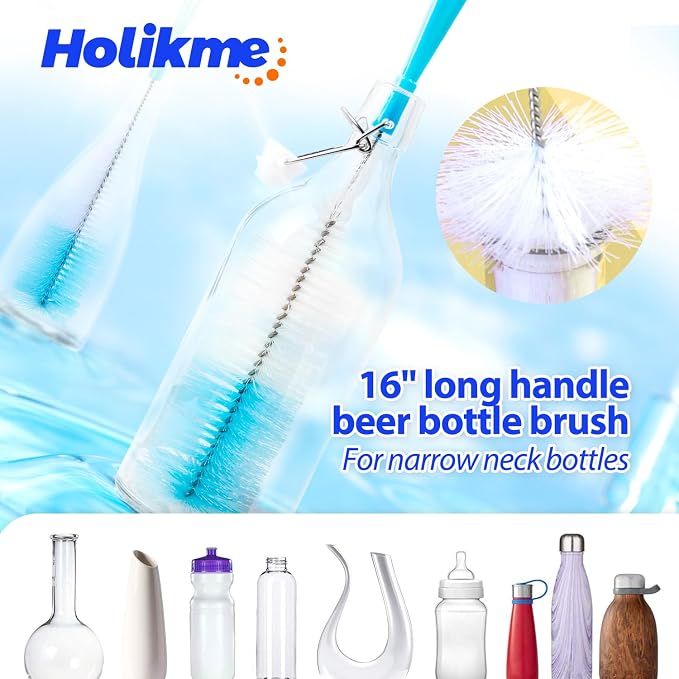 Holikme Bottle Brush Tube Cleaning Lab Set with Long Handle, Cup Cleaner for Washing Narrow Neck Beer Wine Decanter Pipes Lids Sinks Cap Covers, Azul