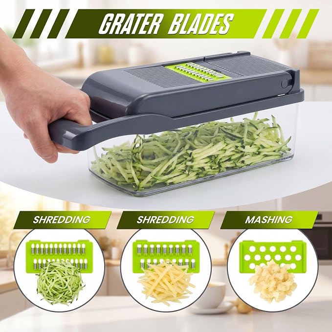 15 in-1 Vegetable Chopper with Container – Mandoline Slicer, Onion Dicer, Food Chopper, Cheese Grater– Multi Blade Kitchen Cutter for Fruits & Vegetables