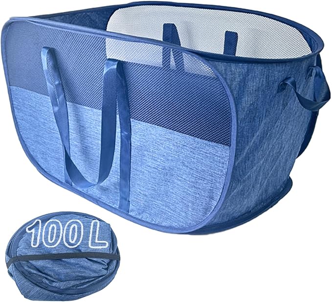 Extra Large Mesh Pop Up Laundry Hamper, 100L Collapsible Laundry Basket, Dirty Clothes Hamper with Reinforced Handles, Storage Bins for Shelves, Dorm or Home Portable Stair Laundry Basket. Blue