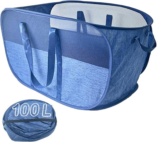 Extra Large Mesh Pop Up Laundry Hamper, 100L Collapsible Laundry Basket, Dirty Clothes Hamper with Reinforced Handles, Storage Bins for Shelves, Dorm or Home Portable Stair Laundry Basket. Blue