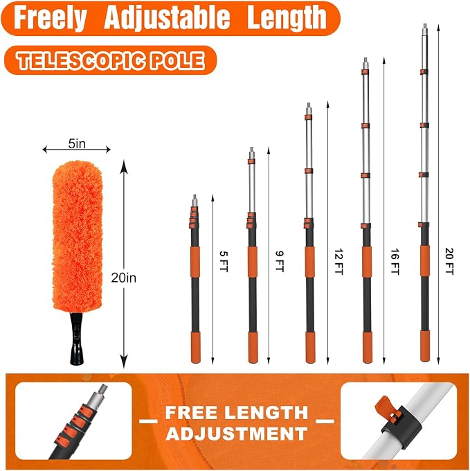 SISUPASSIE 26FT Reach High Ceiling Duster Kit, Window Cleaning kit with 5-20FT Extension Pole, Fan Duster for Ceiling Fan Blades, Microfiber Feather Duster, Window Squeegee, Bucket and Cobweb Duster