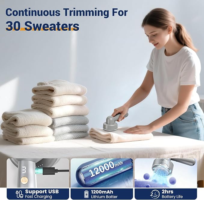 DBC Fabric Shaver Lint Remover for Clothes, Sweaters, Couch & Furniture | 6-Leaf Blade, 3 Speeds, 2H Runtime, Portable Design Perfect for Travel, Includes 2 Extra Blades, Grey
