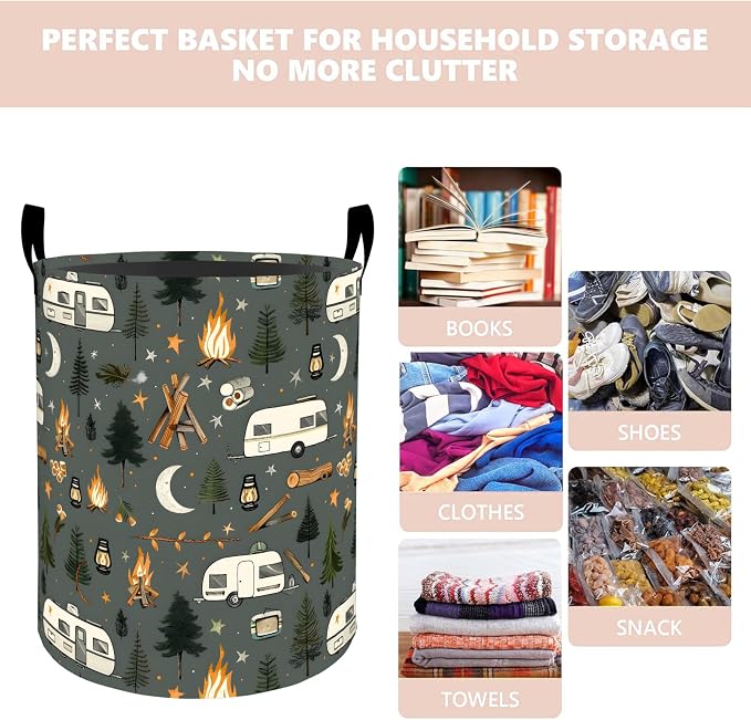 Camping Trailer Laundry Basket Hamper 19.7"x15.8", Organizer Bins Gifts for Kids Boys Girls, Retro Camper Foldable Waterproof Oxford Clothes Storage Bucket for Bedroom Bathroom Decor
