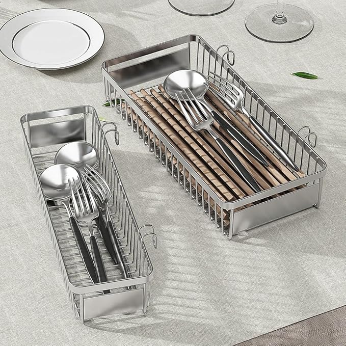 304 Stainless Steel Utensil Drying Rack/Chopsticks/Spoon/Fork/Knife Drainer Basket Flatware Storage Drainer (Square)
