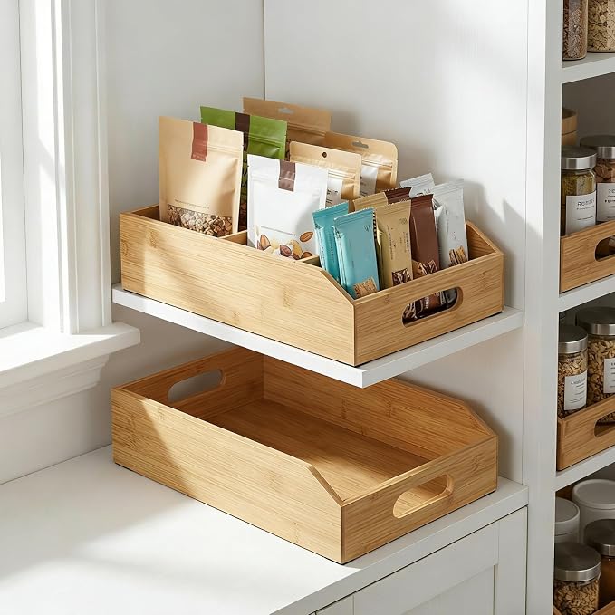 Pumtus 2 Pack Bamboo Pantry Organizers, Storage Bin with Removable Dividers, Divided Snack Oragnizer with Handle, Stackable Cabinet Basket, Drawer Caddy for Kitchen Office Packets Sauce Pouches