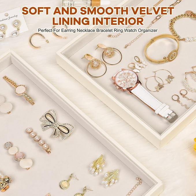 Beige Velvet Jewelry Tray for Drawers Jewelrys Display Tray Stackable Jewelry Organizer Trays for Necklace Bracelet Ring Watch (1 Pack)