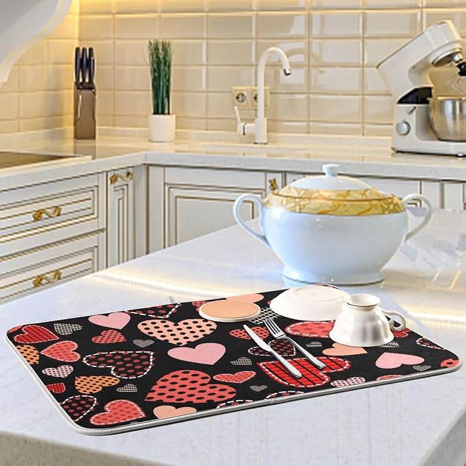 Happy Valentine's Day Love Heart Black Dish Drying Mat for Kitchen Valentines Day Microfiber Drying Mats Absorbent Reversible Dish Pad Medium Dish Draining Mat 16x18 inch
