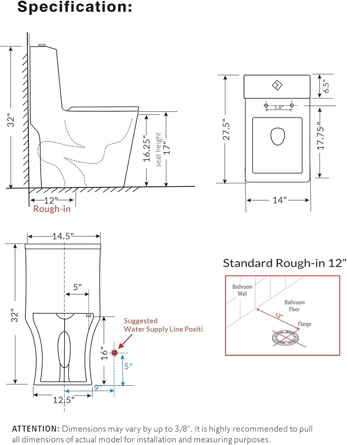 WinZo Rectangular Modern One Piece Toilet with Diamond-shaped Sleek Design Square Dual Flush Gold Button Elongated Soft Closing Seat, White