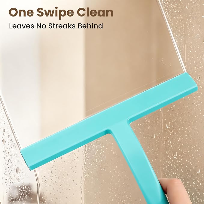 Shower Squeegee for Glass Doors - 10 Inch Bathroom Squeegee with Ergonomic Round Grip, Built-in Hook, Streak-Free No-Squeak Silicone Blade for Shower Glass, Tile Walls, Mirrors & Windows, Mint Green
