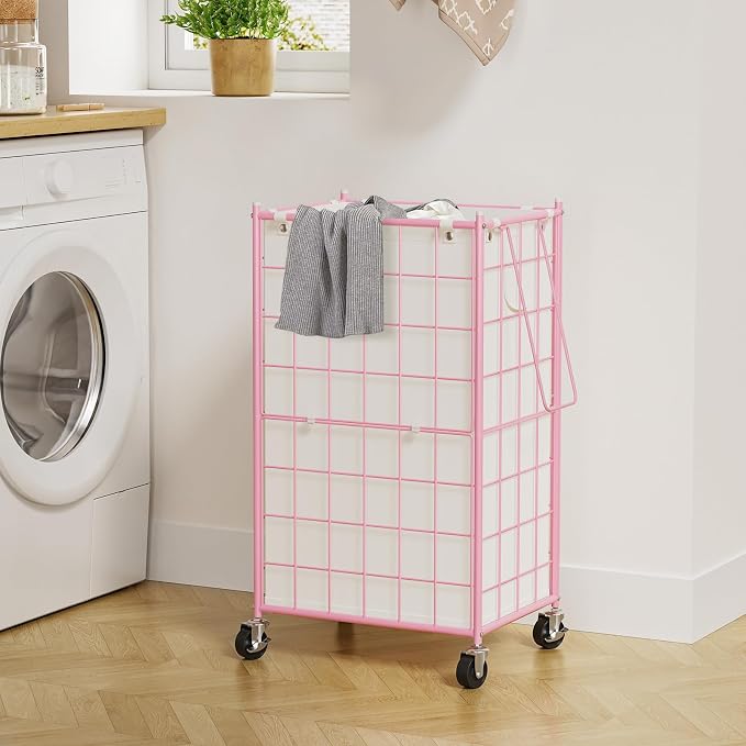 WOWLIVE Rolling Laundry Basket, Metal Wire Frame Laundry Hamper with Wheels | Hamper with Removable Bag, 100L Dirty Clothes Hamper Organizer Dorm Room Storage for Bedroom, Bathroom, Pink