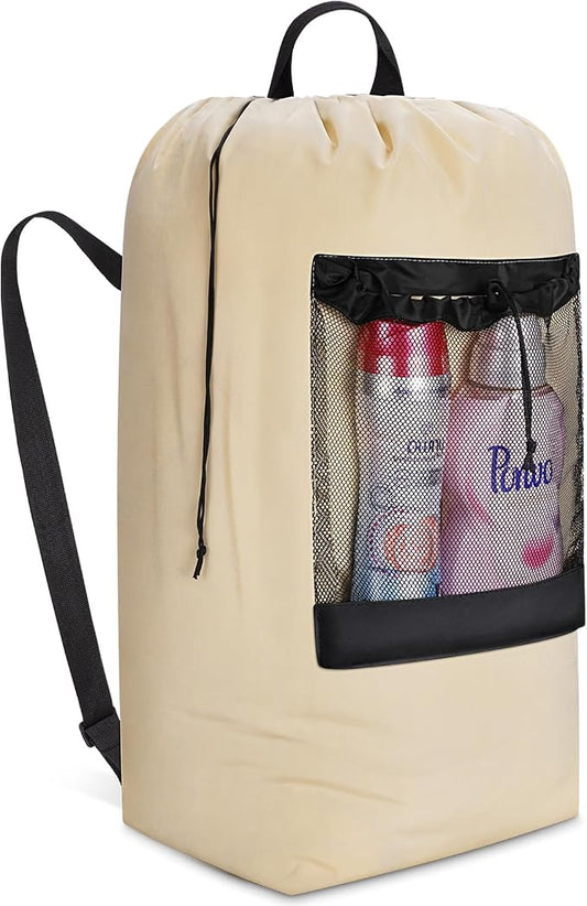 Lifewit Laundry Bag Backpack Travel, 105L, Khaki | Extra Large Bag with Shoulder Straps and Mesh Pocket for Laundromat, Heavy Duty Basket for Dirty Cloth College Dorm Apartment