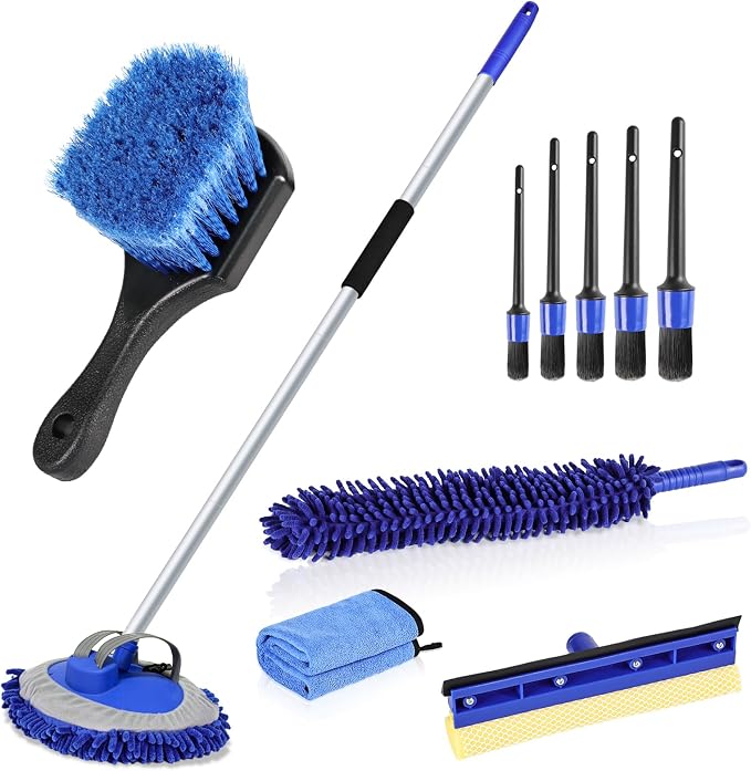 anngrowy 62" Microfiber Car Wash Brush with Long Handle, Car Washing Blue Set Mitt, Sponge, Car Cleaning Supplies Kit, Duster, Car Brush Accessories